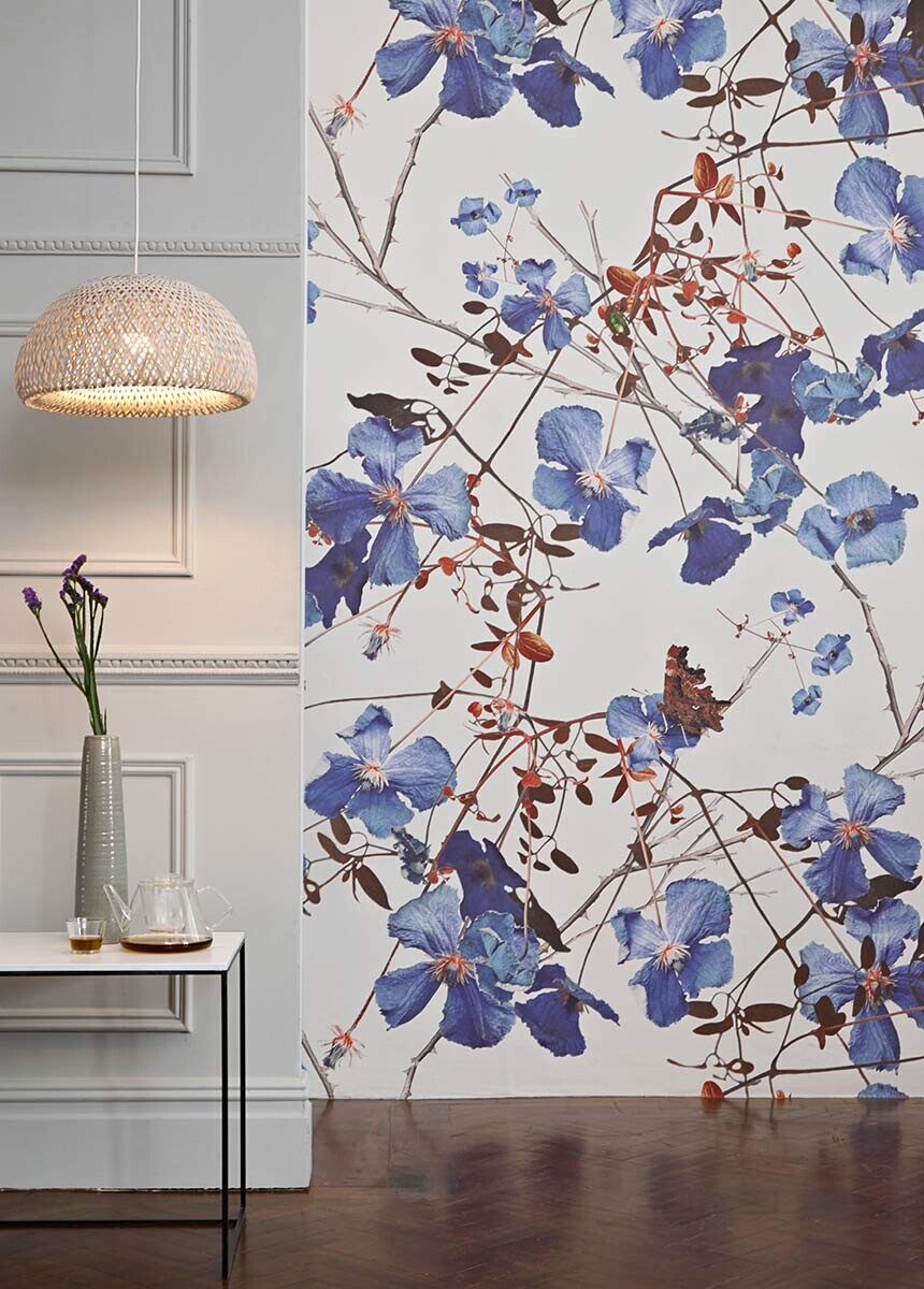 blue and white floral wall mural in bedroom
