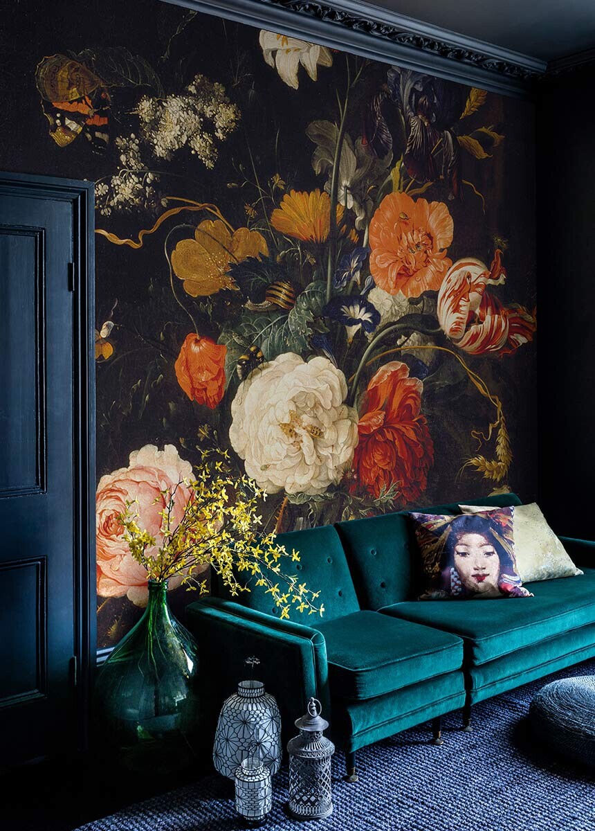 dark floral wall mural in the living room