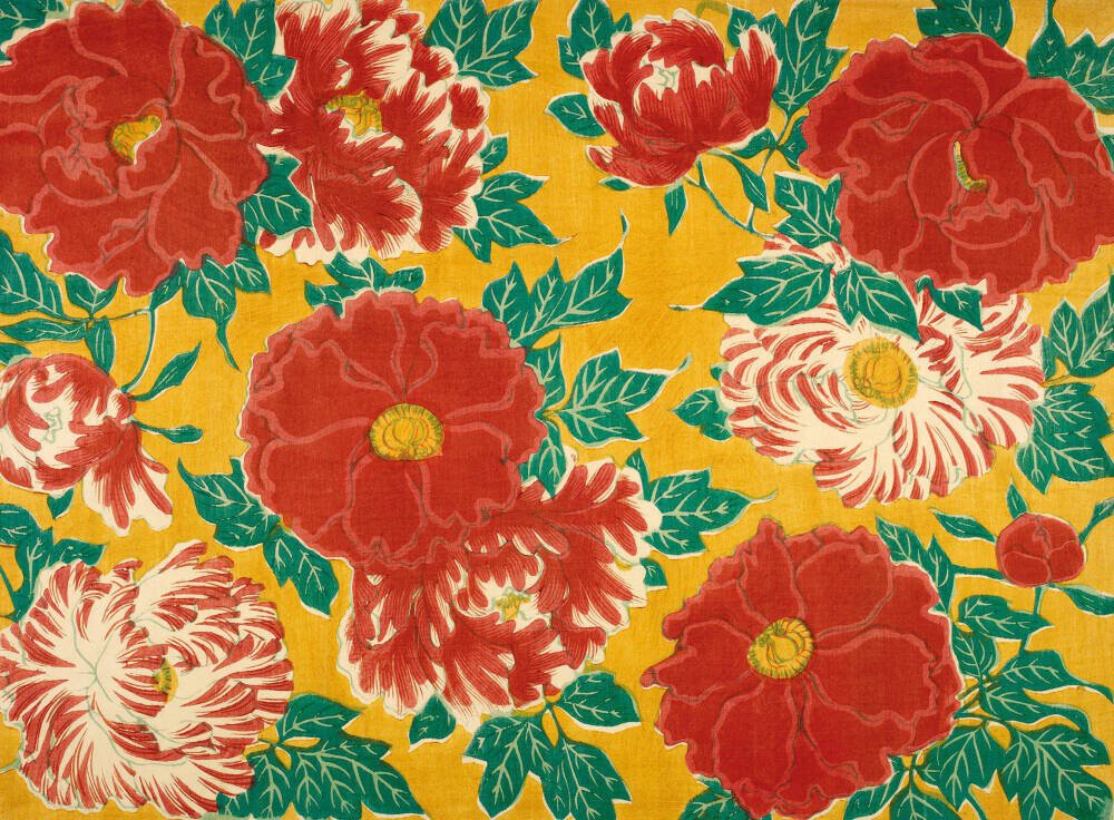 Red floral & green foliage on a yellow background