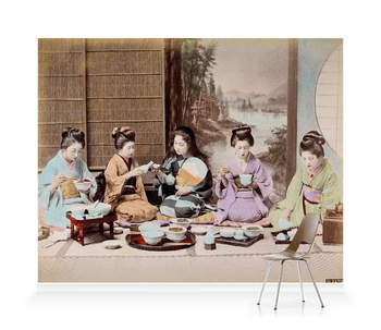 'A group of Japanese women eating a meal' Wallpaper Mural