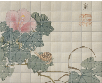 'Snail, Pink Flower and Foliage' Ceramic Tile Mural