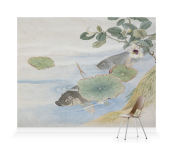 'Grey Fish, Water Lily and White Flower' Wallpaper Mural