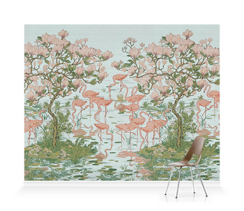'Flamingoes and Magnolia Scenic Aqua' Wallpaper murals
