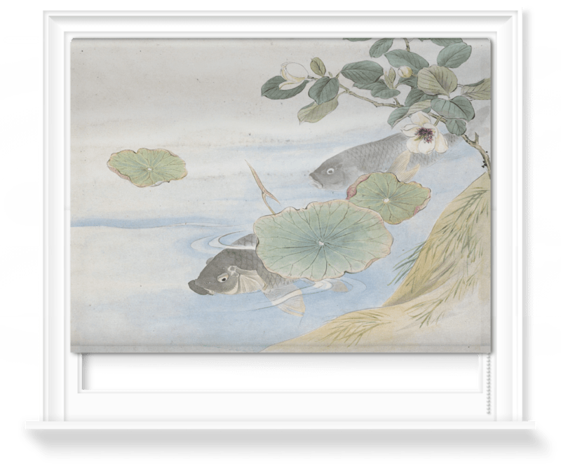 'Grey Fish, Water Lily and White Flower' Roller Blind