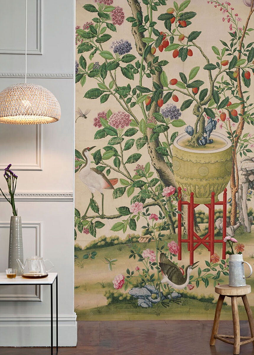 'Flower vase on stool with flowering tree' Wallpaper Mural