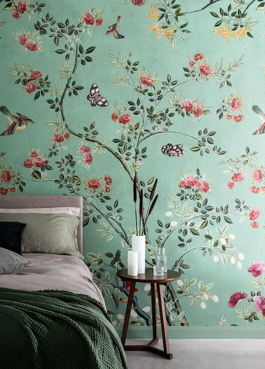 'Camellia Chinoiserie Jade Green' Wallpaper mural