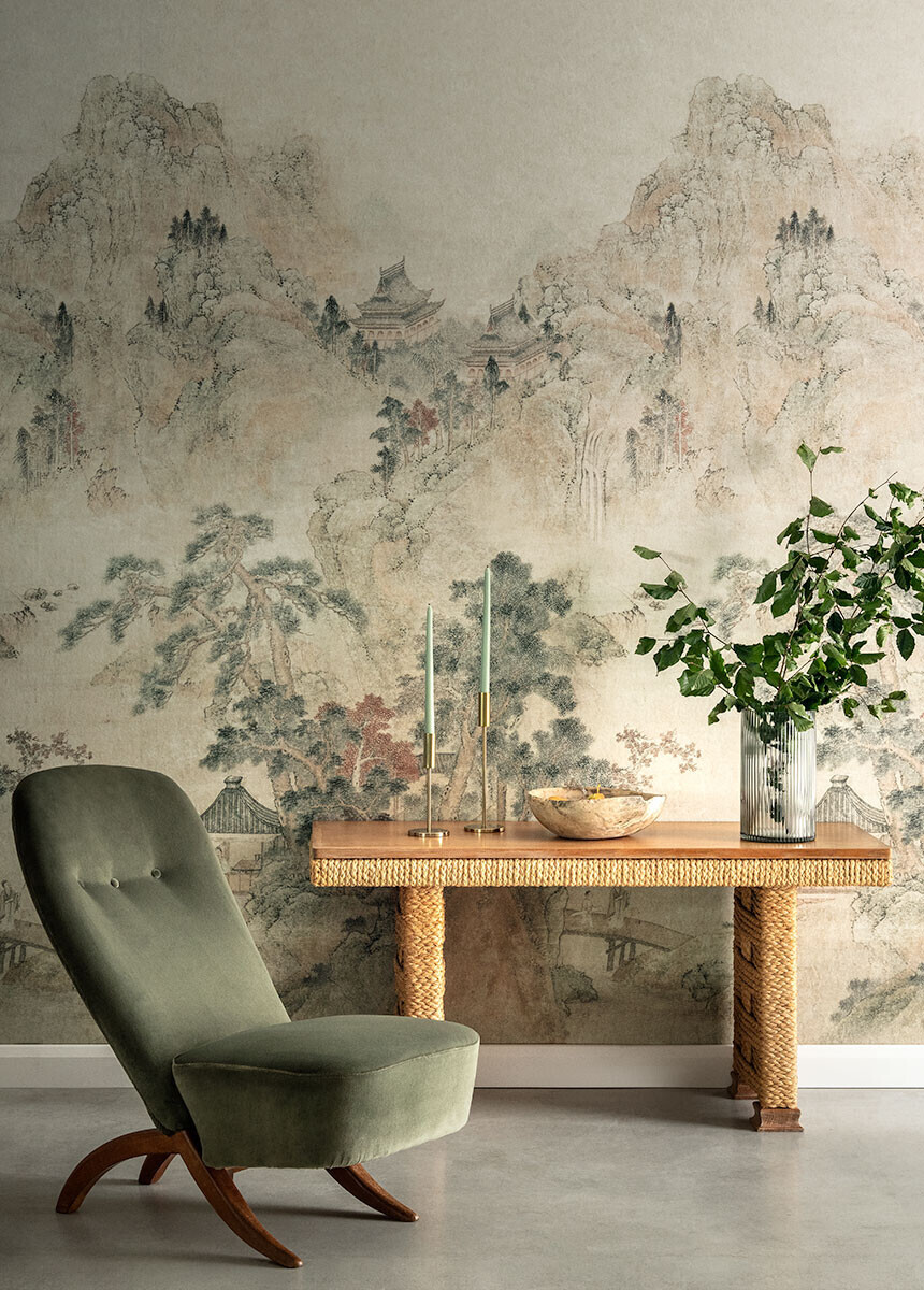 Ming Mountain Linen Wallpaper Mural in a study