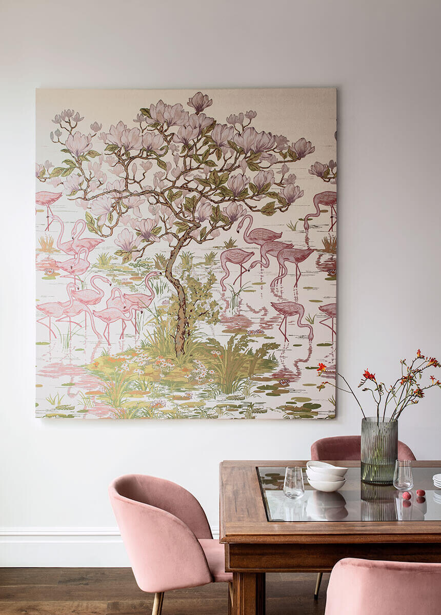 'Flamingoes and Magnolia Scenic Plaster Pink' Canvas wall art