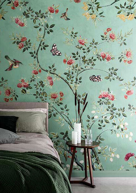 'Camellia Chinoiserie Jade Green' Mural Wallpaper