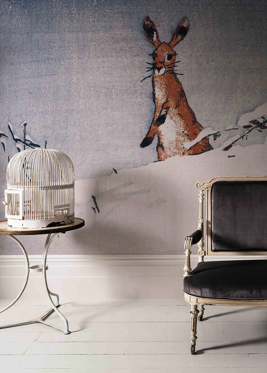 'Snow and Hare' Wallpaper Mural in a living room