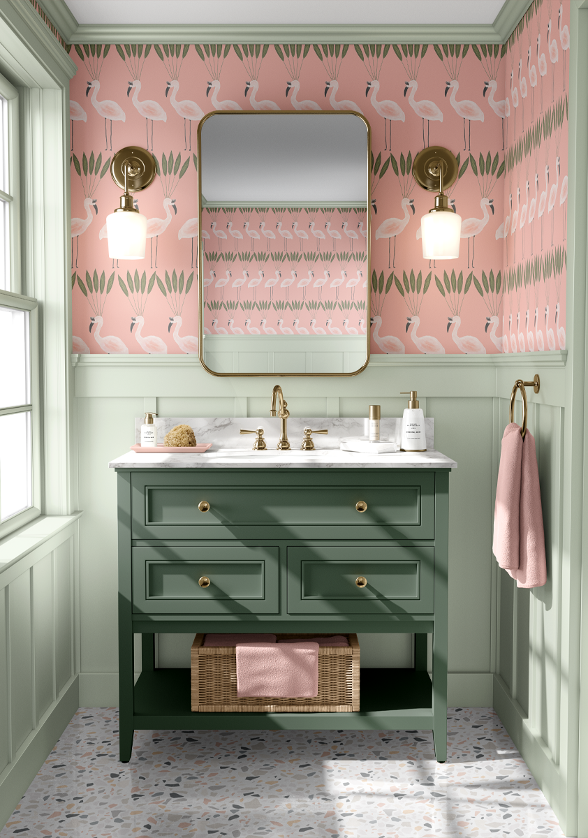 'Leaf Crown Flamingos Print' from the Bouffants and Broken Hearts Collection by Kendra Dandy, printed as a wallpaper in a trendy pink and green bathroom