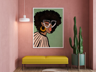 'Chic Glasses' from the Bouffants and Broken Hearts Collection by Kendra Dandy is a portrait of a woman wearing glasses and hoops and pink lipstick, which is hanging on the wall of a pink interior