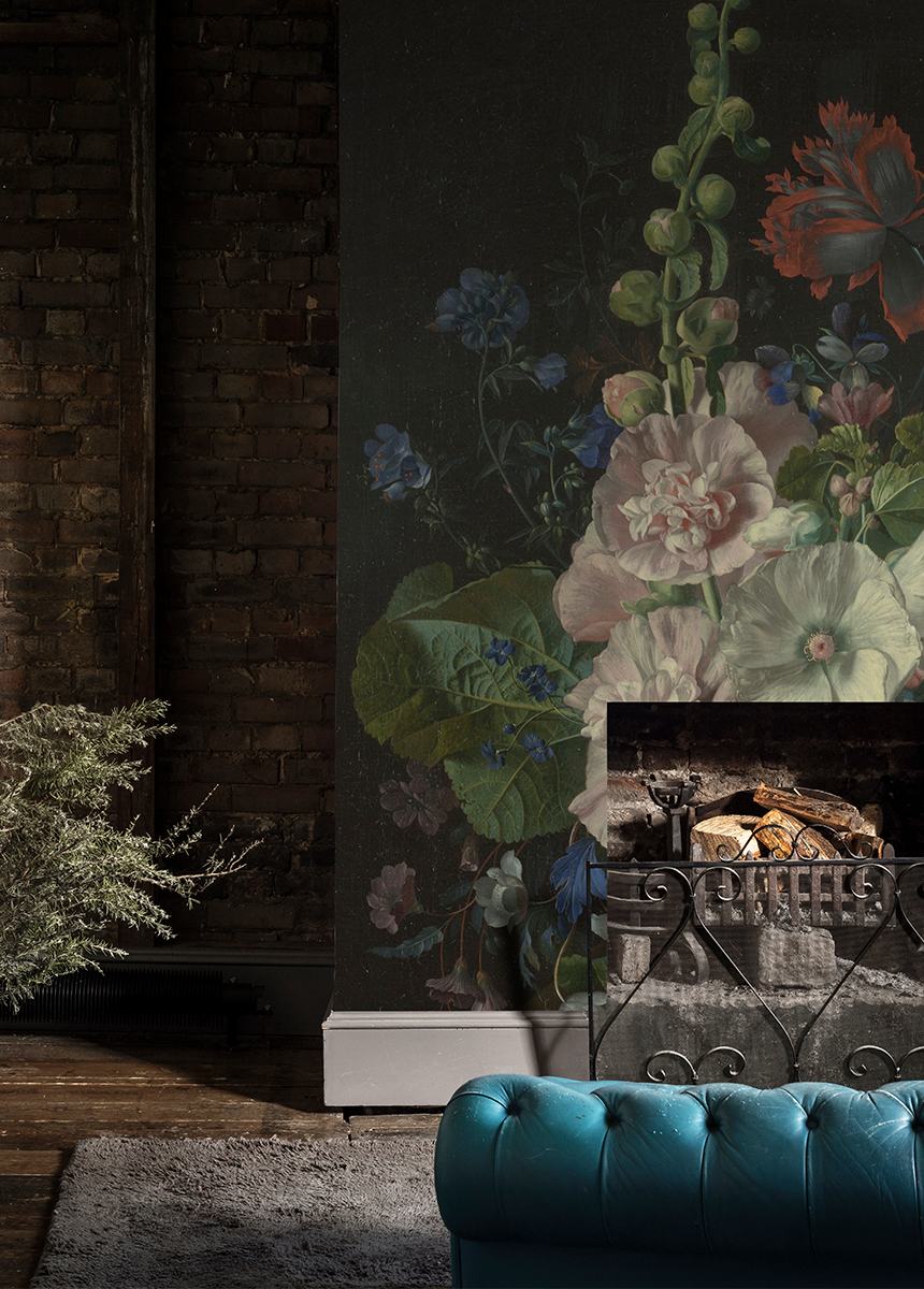 'Hollyhocks and Other Flowers in a Vase' Wallpaper Mural | SurfaceView