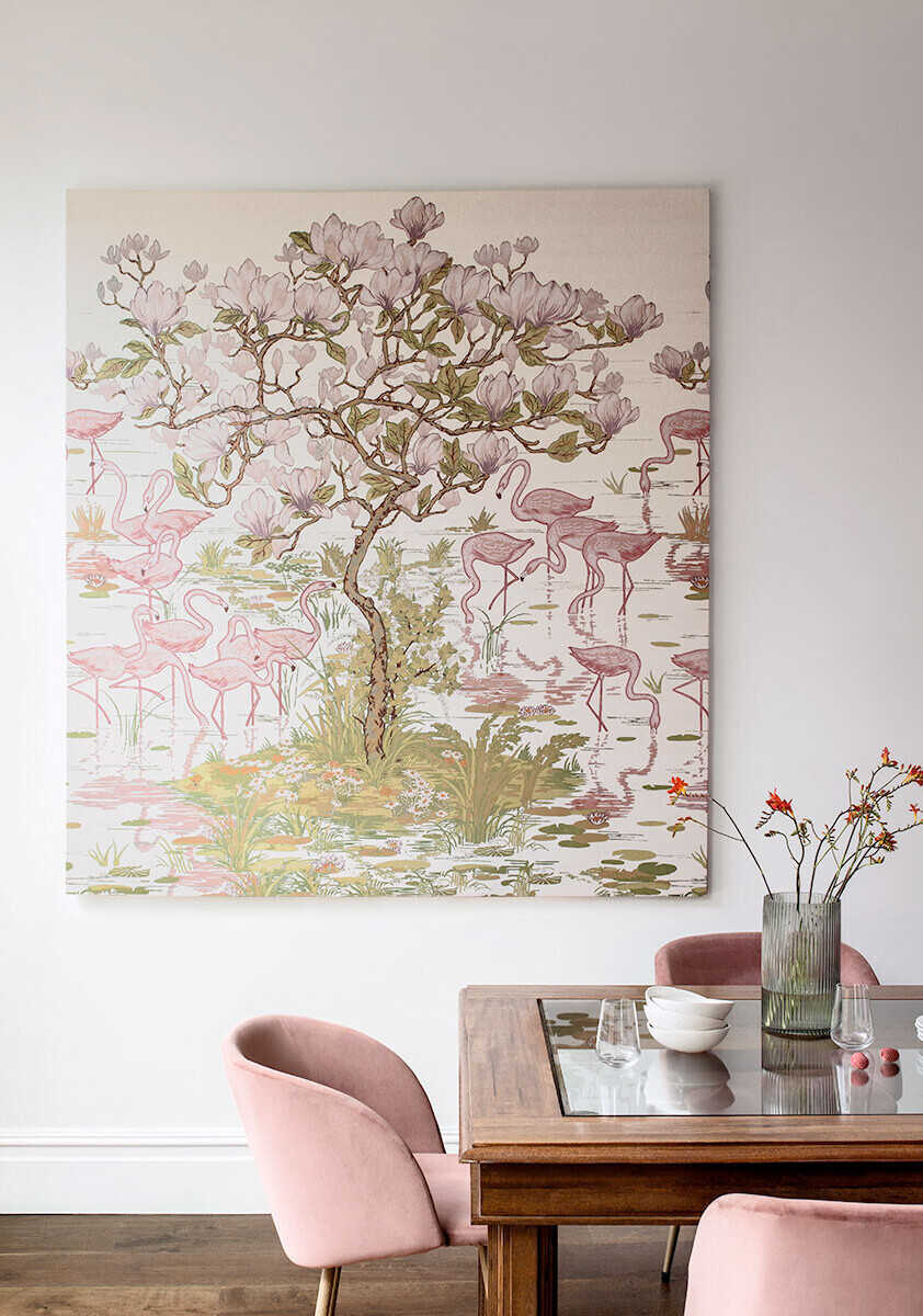 Flamingoes and Magnolia Scenic Plaster Pink as a canvas in a pink dining room or pink kitchen diner