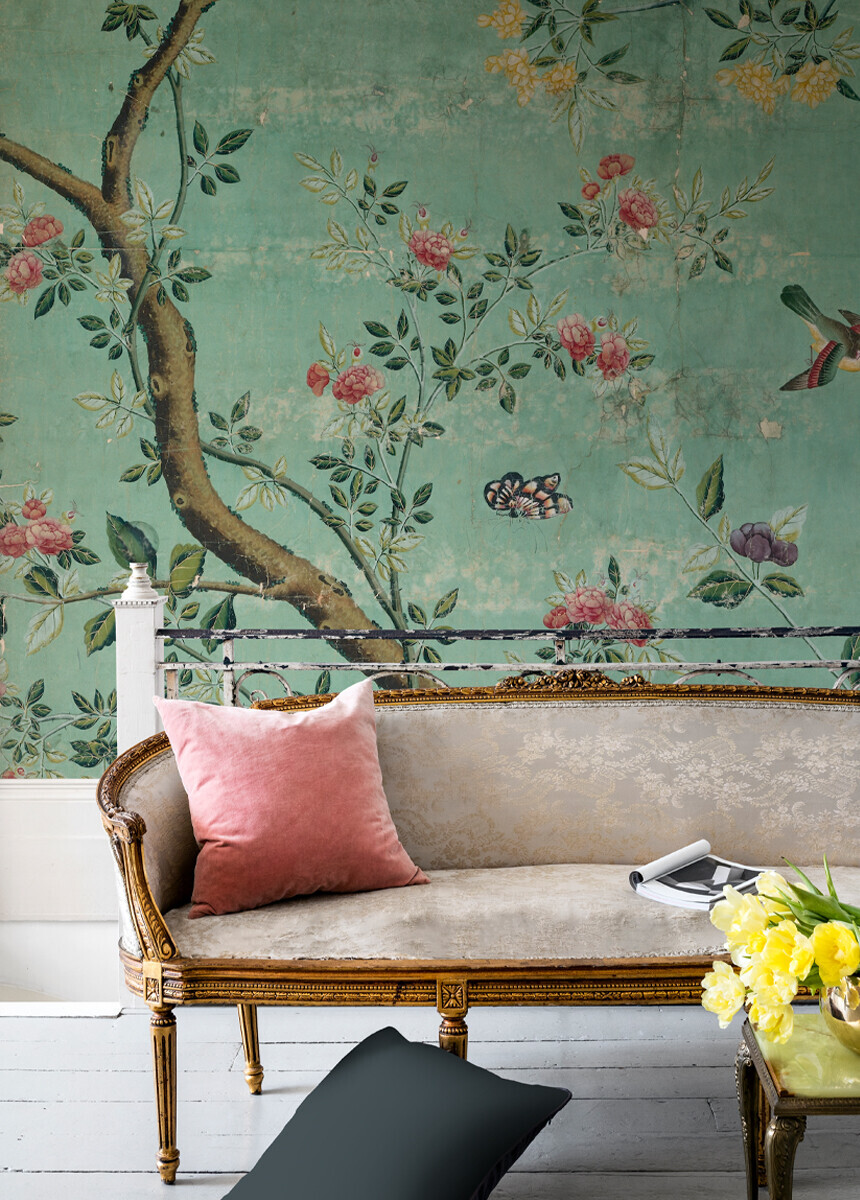 Green chinoiserie wallpaper mural