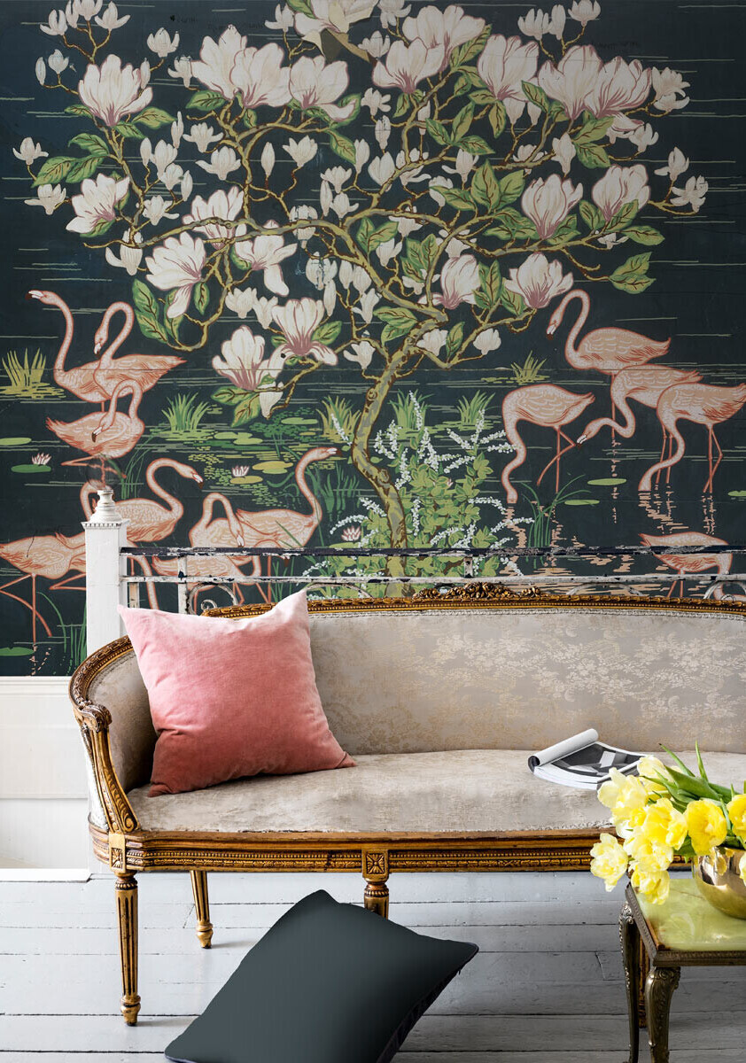 Pink flamingoes and large magnolia wallpaper mural