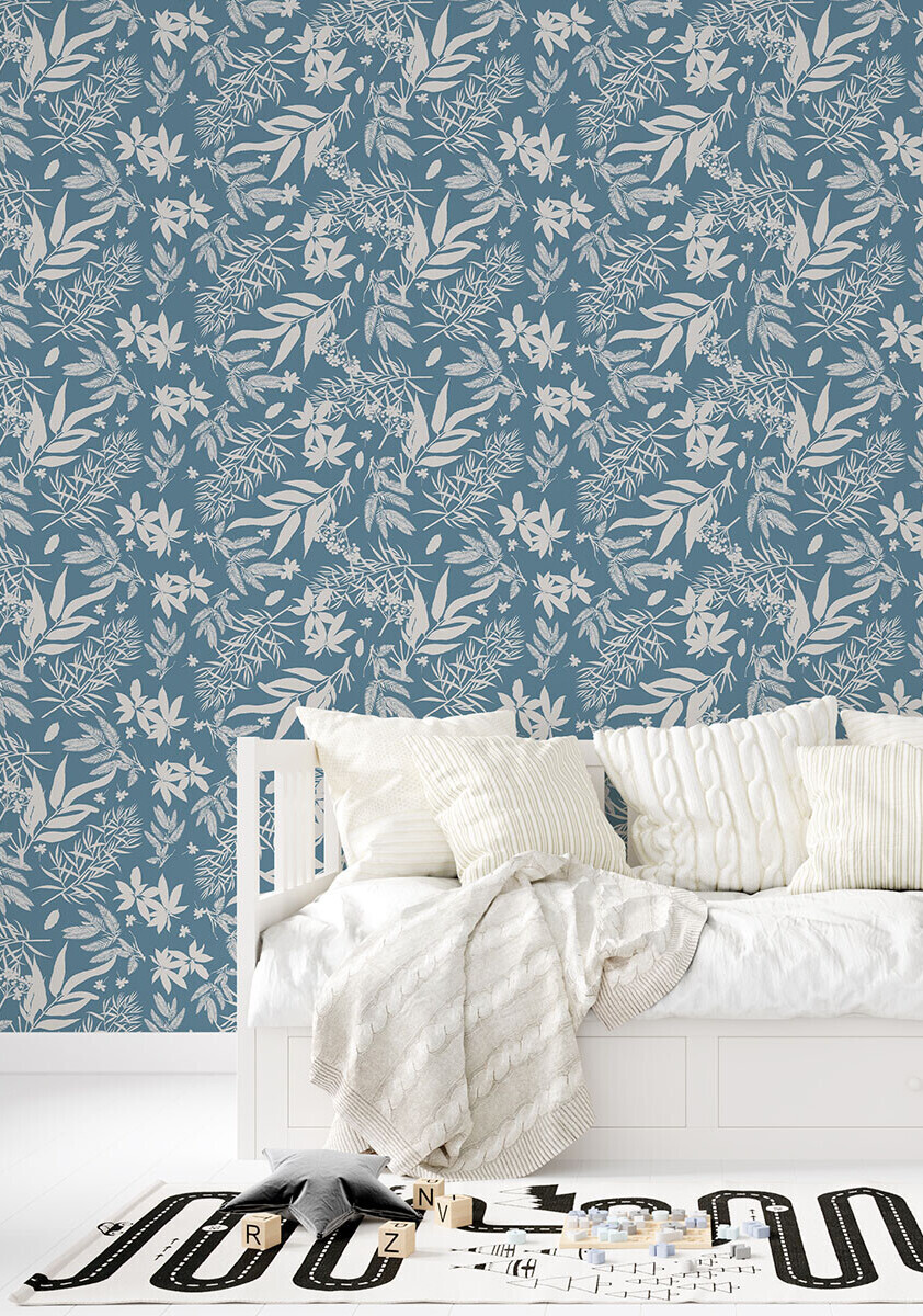 Blue foliage wallpaper in a child's bedroom