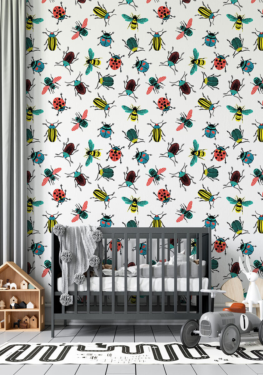 A repeating pattern of various insects, including beetles, bees and ladybirds on a white background.