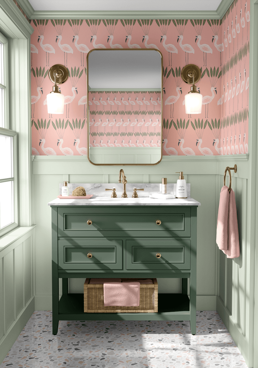 Pink and green bathroom interior 