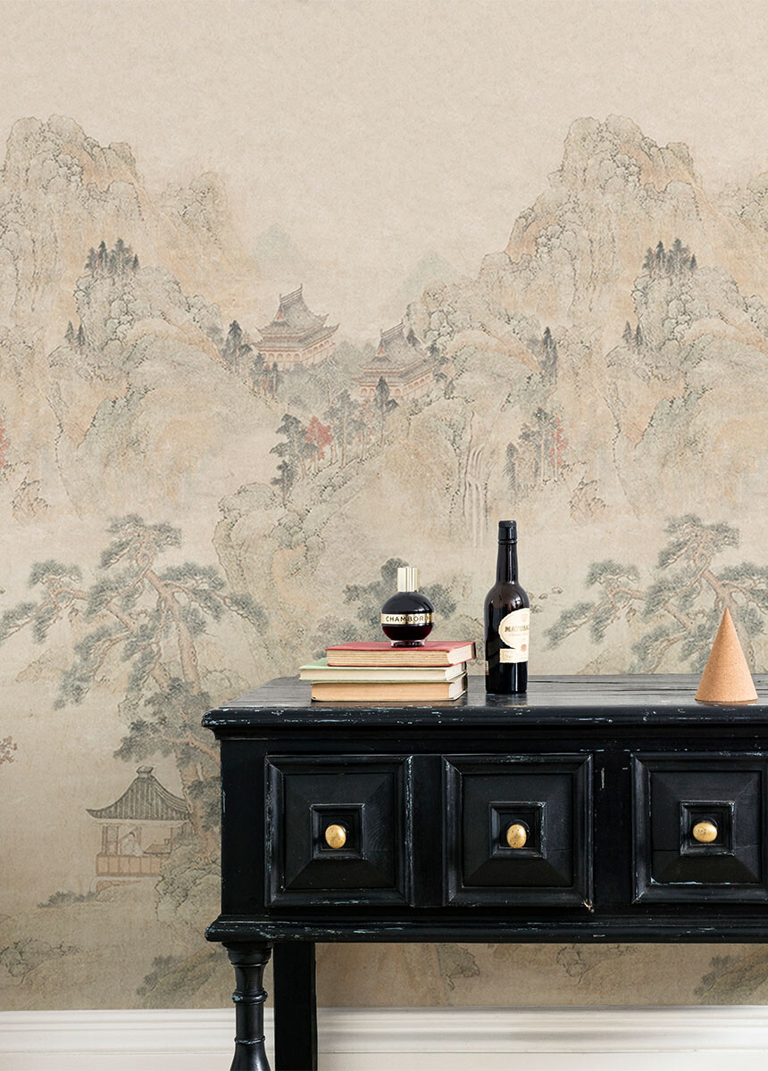 'Ming Mountain Linen' Wallpaper Mural in a hallway