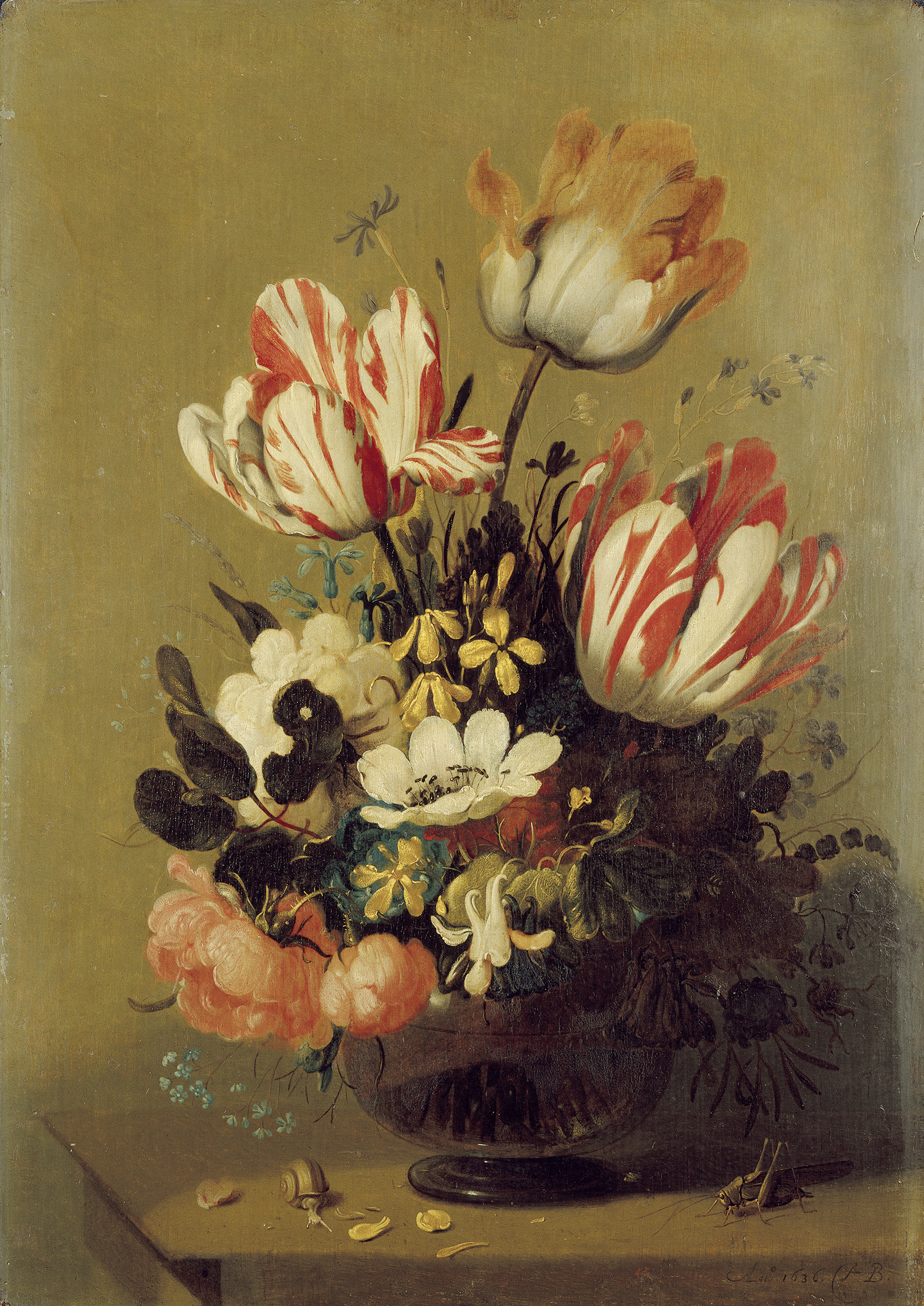 A Vase of Flowers with Snails and Shells