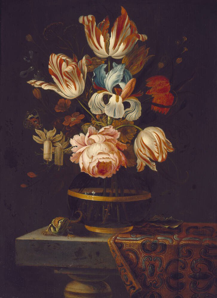 A Vase of Flowers with Insect and Reptile.