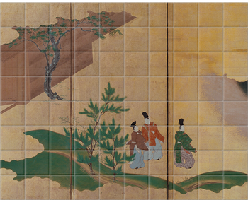 'Six-fold Screen Left Panels Depicting Tales of Ise' Ceramic Tile Murals