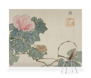 'Snail, Pink Flower and Foliage' Wallpaper Mural