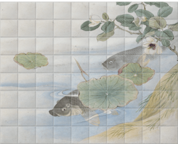 'Grey Fish, Water Lily and White Flower' Ceramic Tile Mural