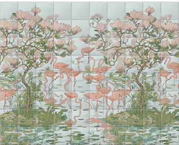 'Flamingoes and Magnolia Scenic Aqua' Ceramic tile murals