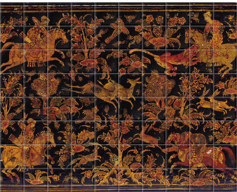 'Writing Cabinet Decorated with Hunting Scenes' Ceramic Tile Mural
