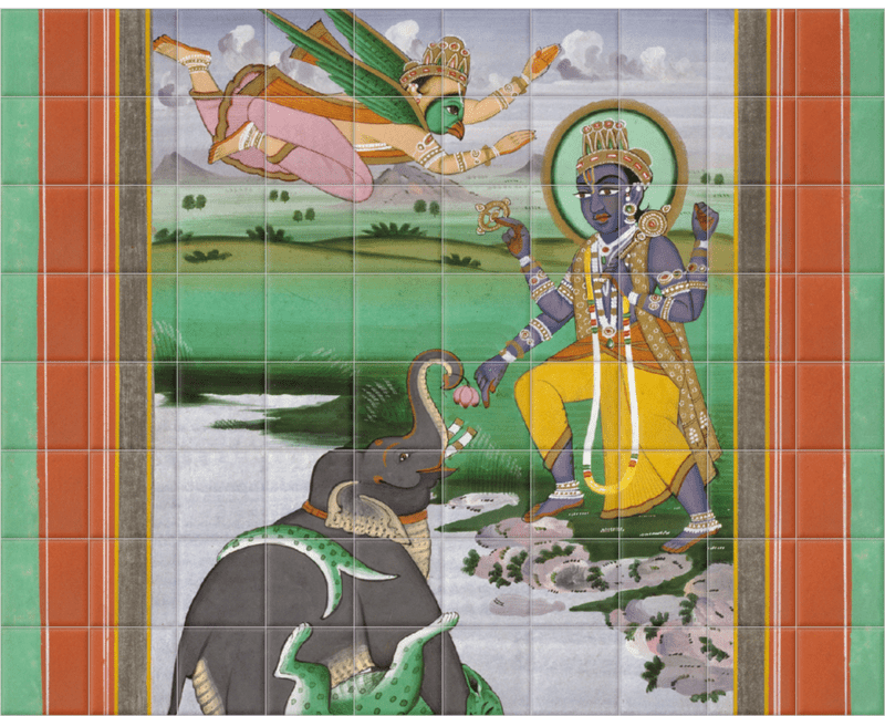 'Krishna and the Elephant' Ceramic Tile Mural