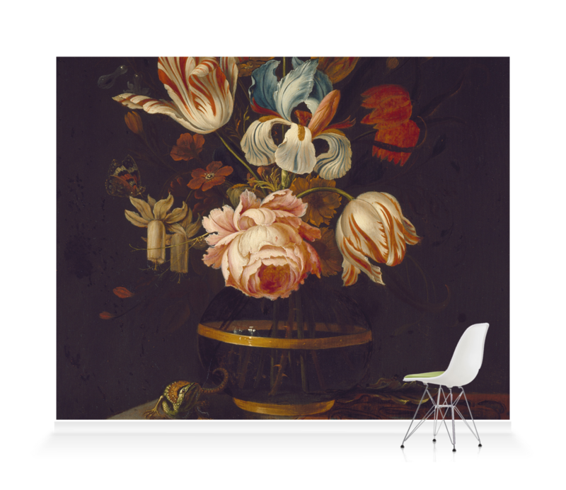 'A Vase of Flowers with Insect and Reptile' Wallpaper Mural