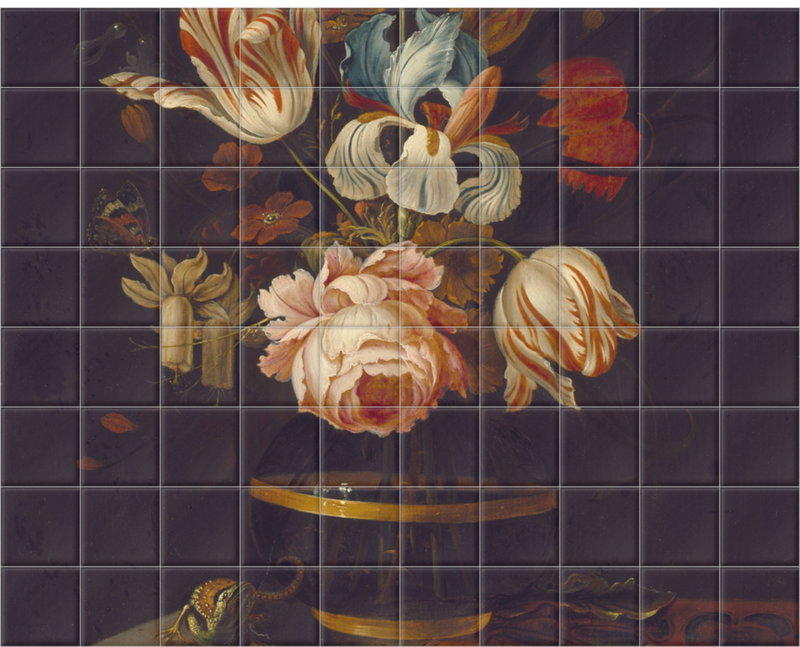 'A Vase of Flowers with Insect and Reptile.' Ceramic Tile Mural