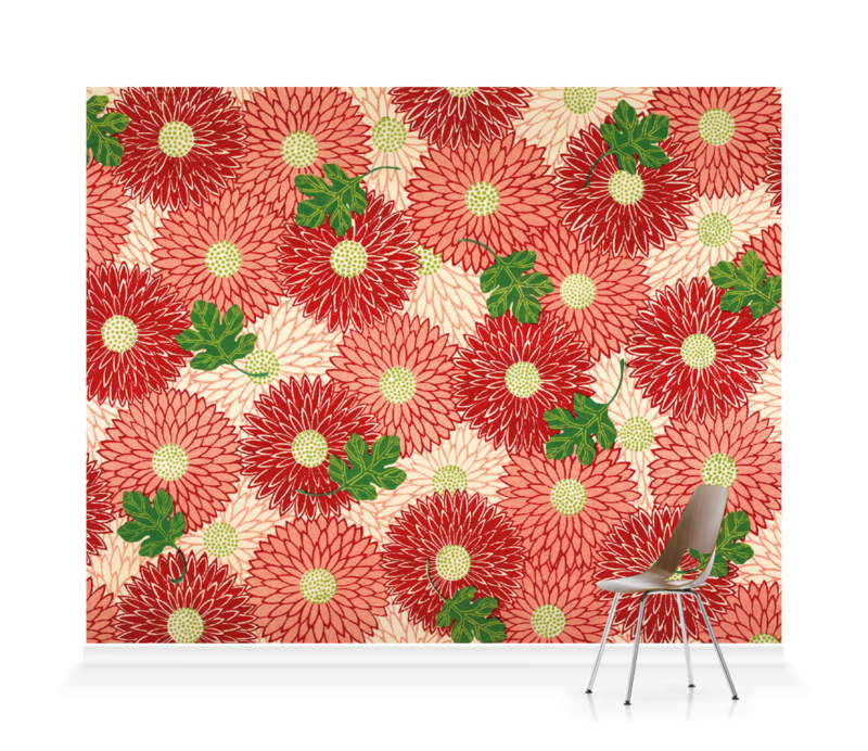 'Red floral & green foliage' Wallpaper Mural