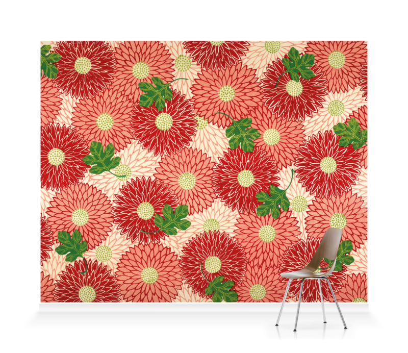 'Red floral & green foliage' Wallpaper Mural