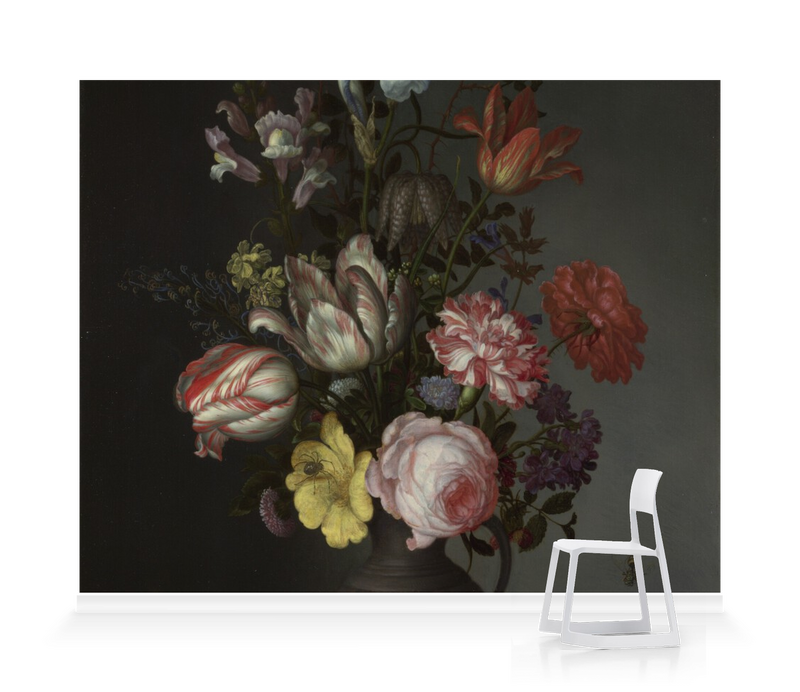 Flowers in a Vase with Shells and Insects' Floral Wallpaper Flowers in a Vase with Shells and Insects' Floral Wallpaper