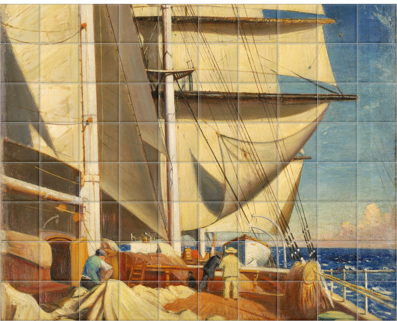 'Mending Sails On The Deck Of The 'Birkdale'†' Ceramic Tile Mural