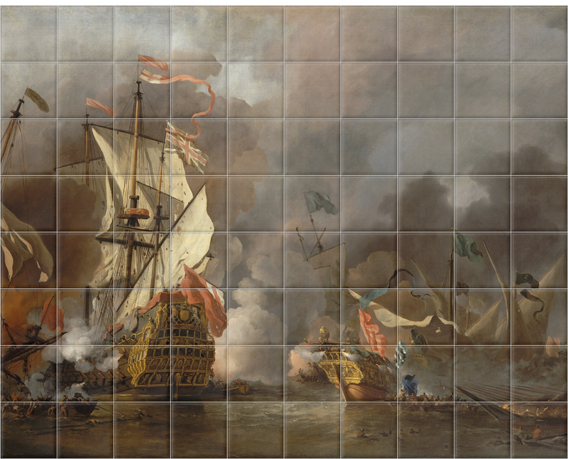 'An English Ship In Action With Barbary Ships' Ceramic Tile Mural