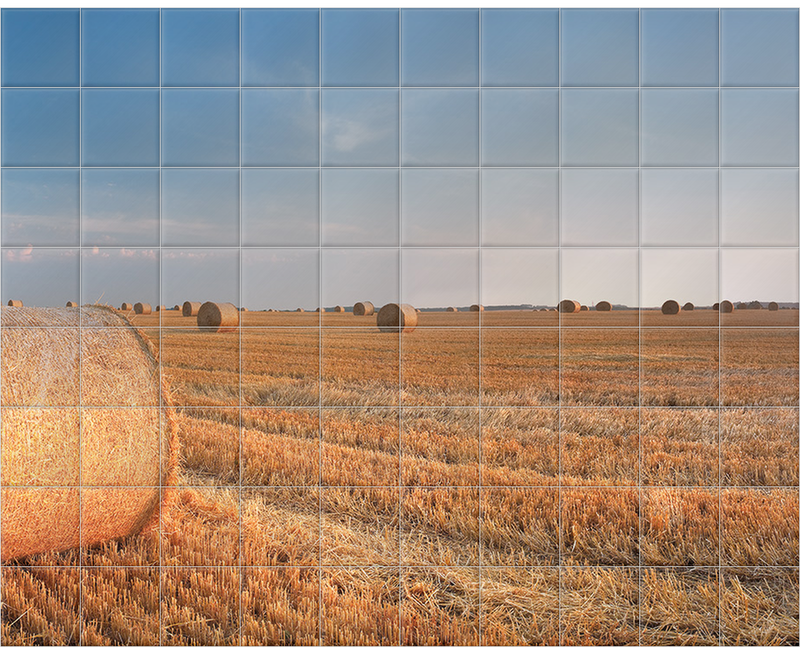 'Round Wheat Bales In Field After Harvesting' Ceramic Tile Mural