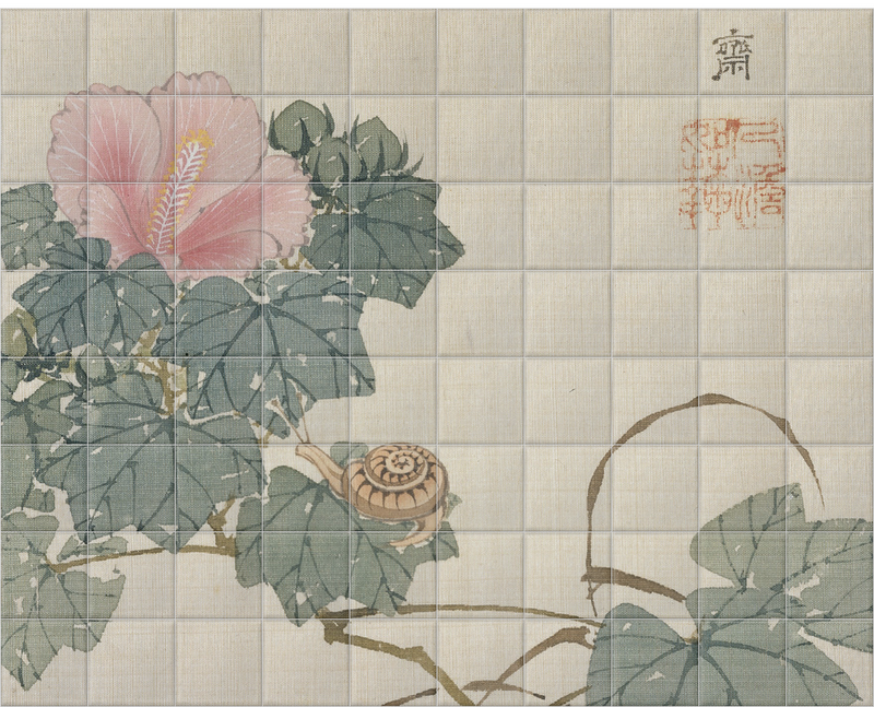 'Snail, Pink Flower and Foliage' Ceramic Tile Mural