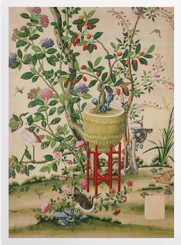 'Flower vase on stool with flowering tree' Art Prints
