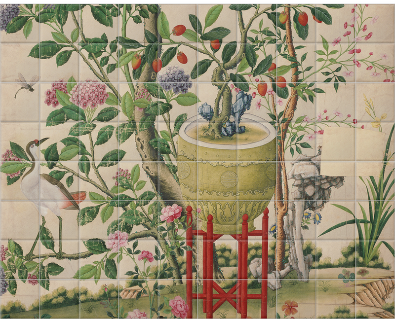 'Flower vase on stool with flowering tree' Ceramic Tile Mural