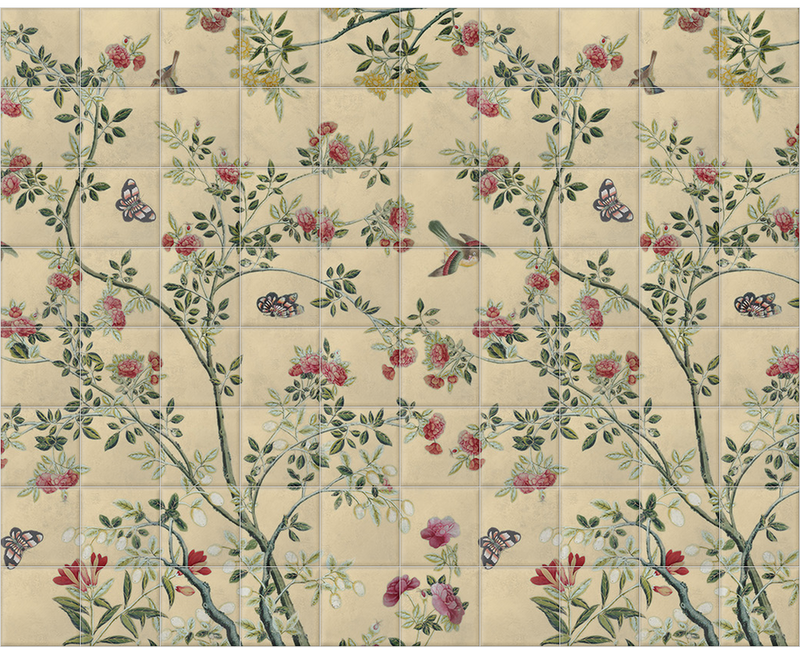 'Camellia Chinoiserie Parchment' Ceramic tile murals
