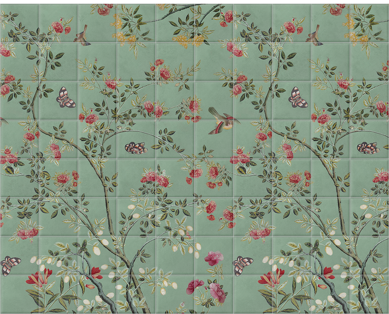 'Camellia Chinoiserie Jade Green' Ceramic tile murals