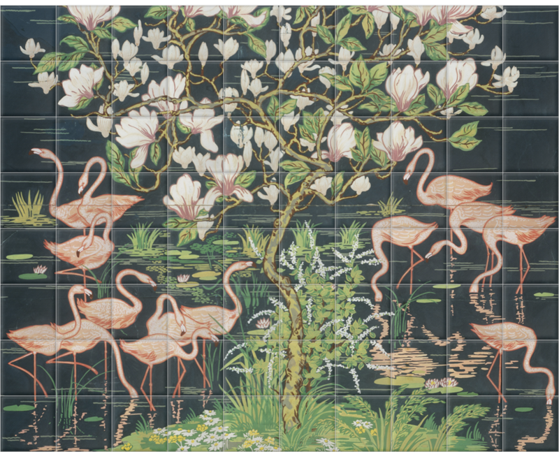 'Flamingoes and Magnolia Panel' Ceramic tile murals