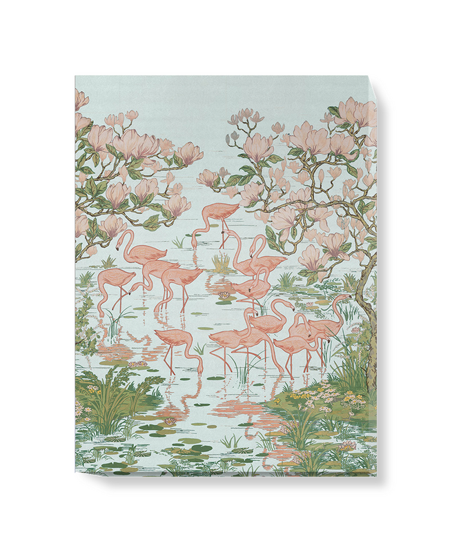 'Flamingoes and Magnolia Scenic Aqua' Canvas wall art