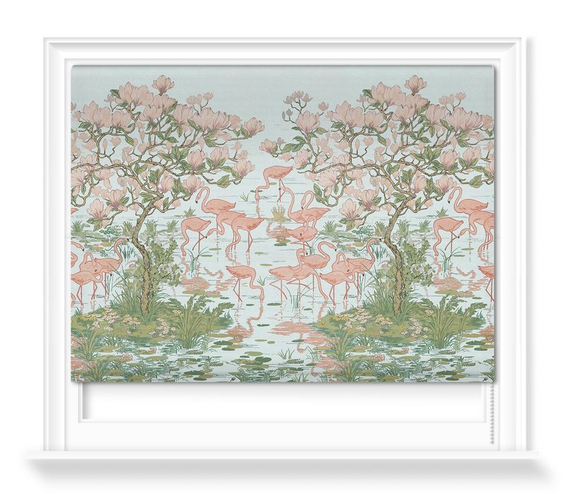 'Flamingoes and Magnolia Scenic Aqua' Roller blinds