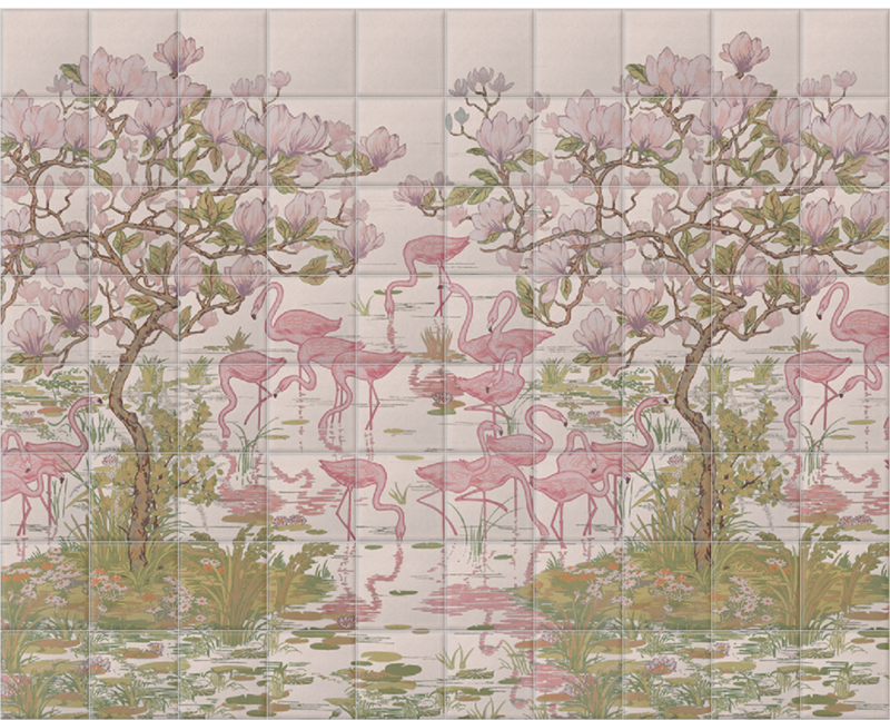 'Flamingoes and Magnolia Scenic Plaster Pink' Ceramic tile murals