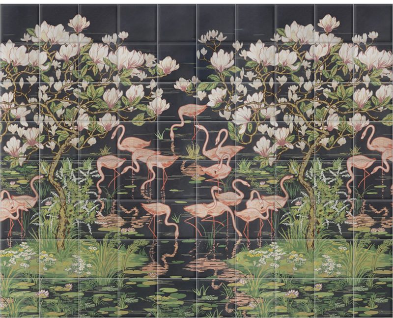 'Flamingoes and Magnolia Scenic Midnight' Ceramic tile murals